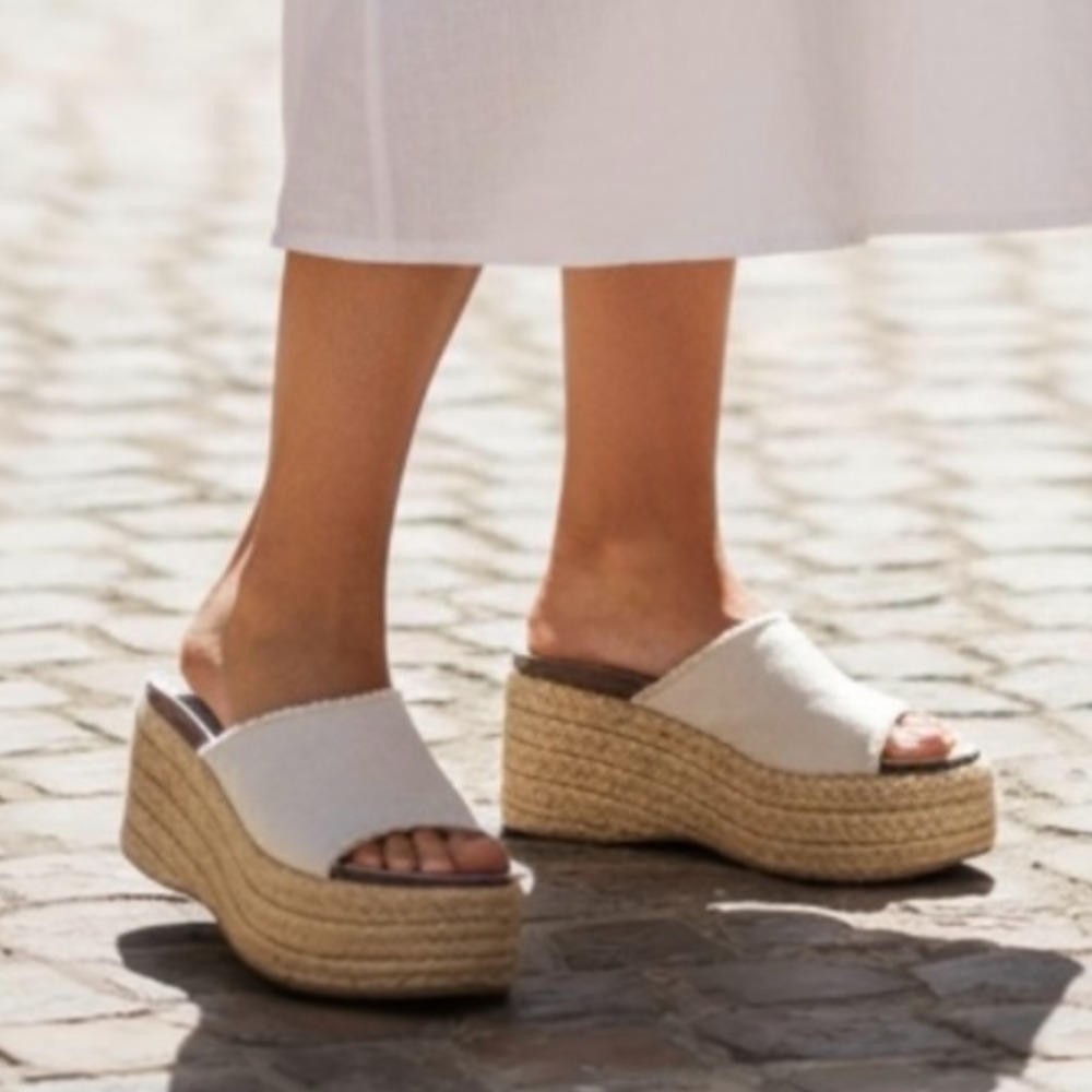 VTG Y2K Fashion Bug Frayed Canvas Espadrille Platform Slide Sandals Beige Sz 9